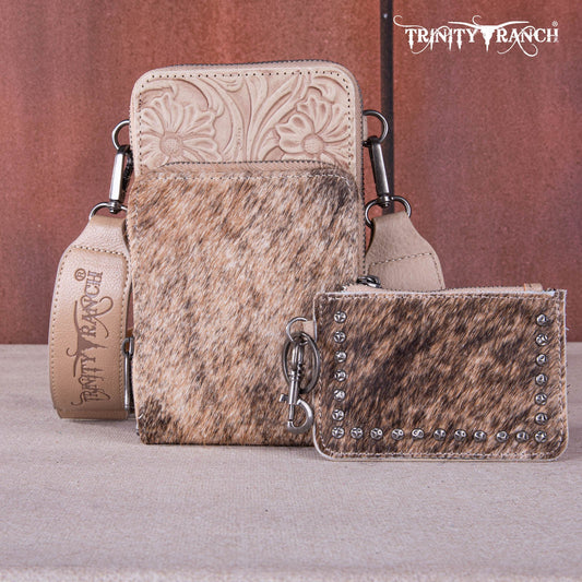 Trinity Ranch Genuine Hair-On Cowhide /Tooled Collection Phone Purse with Coin Pouch
