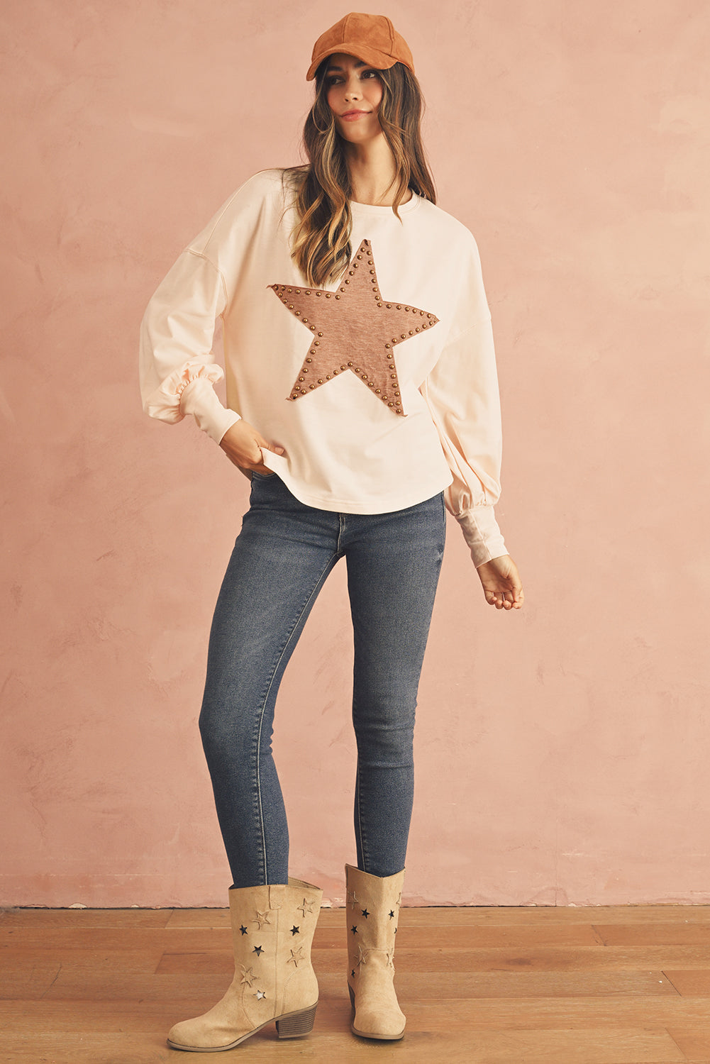 Apricot Studded Star Graphic Oversized Top