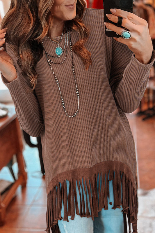 Coffee Waffle Patchwork Fringe Hem High Low Loose Top