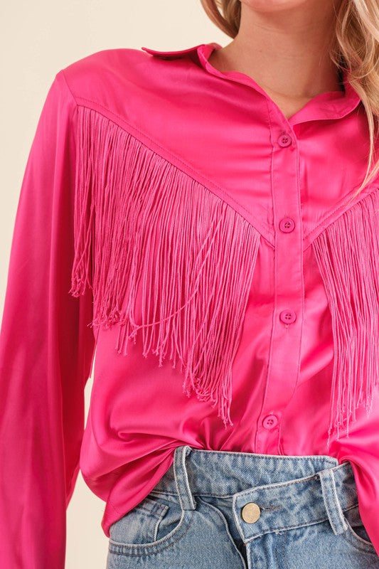 Satin Shirt Blouse with Chevron Fringe