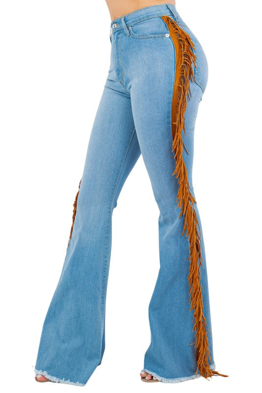 Fringe Bell Bottom in Light Blue Inseam 32"