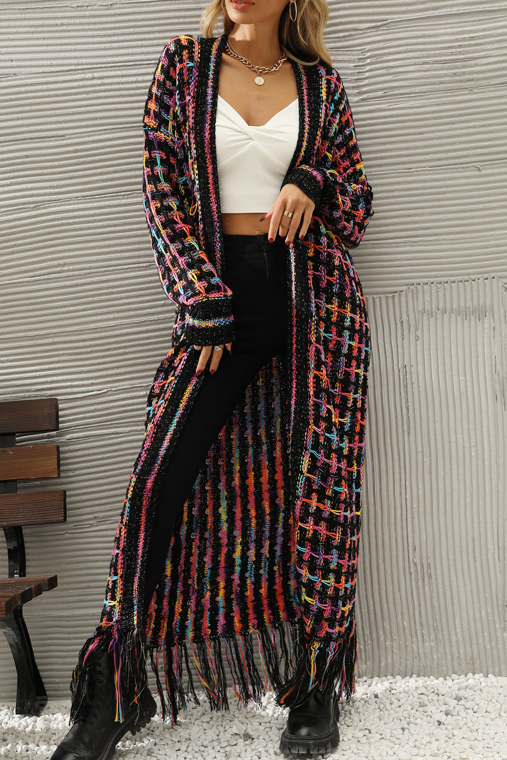 Black Plaid Fringe Hem Long Knit Cardigan