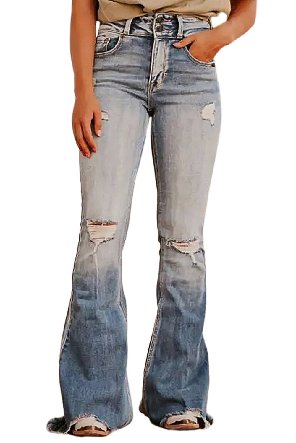 Dusk Blue Vintage Light Wash Ripped Raw Edge Flare Jeans