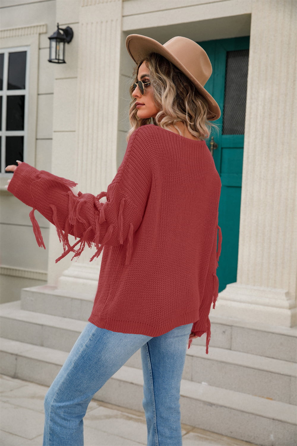 Angel Wings Ribbed Round Neck Fringe Detail Sweater