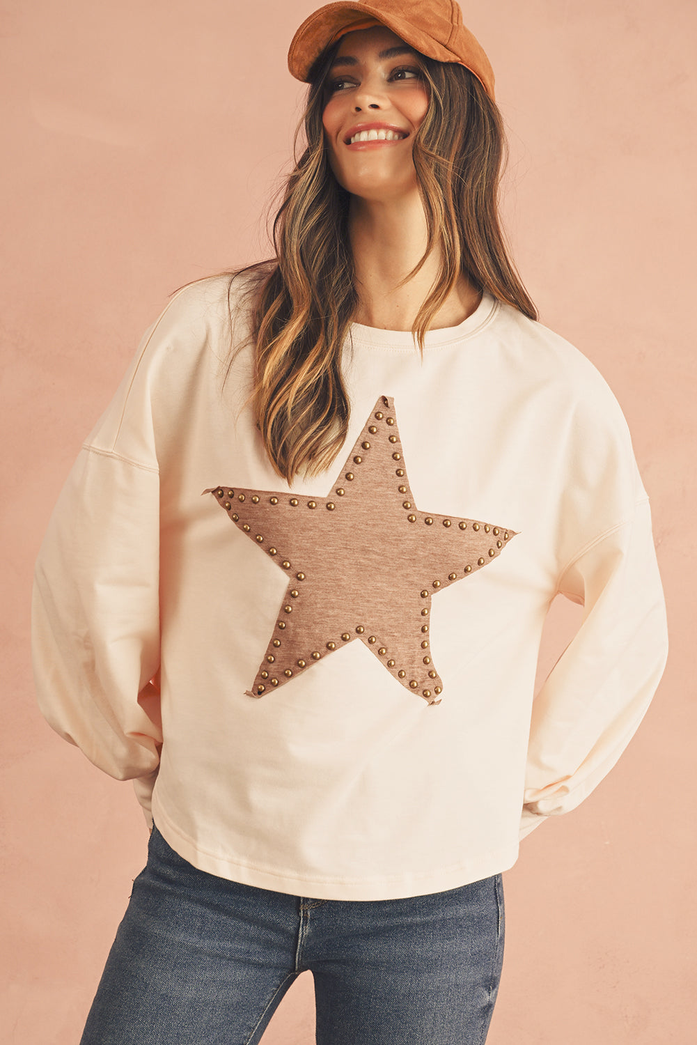 Apricot Studded Star Graphic Oversized Top