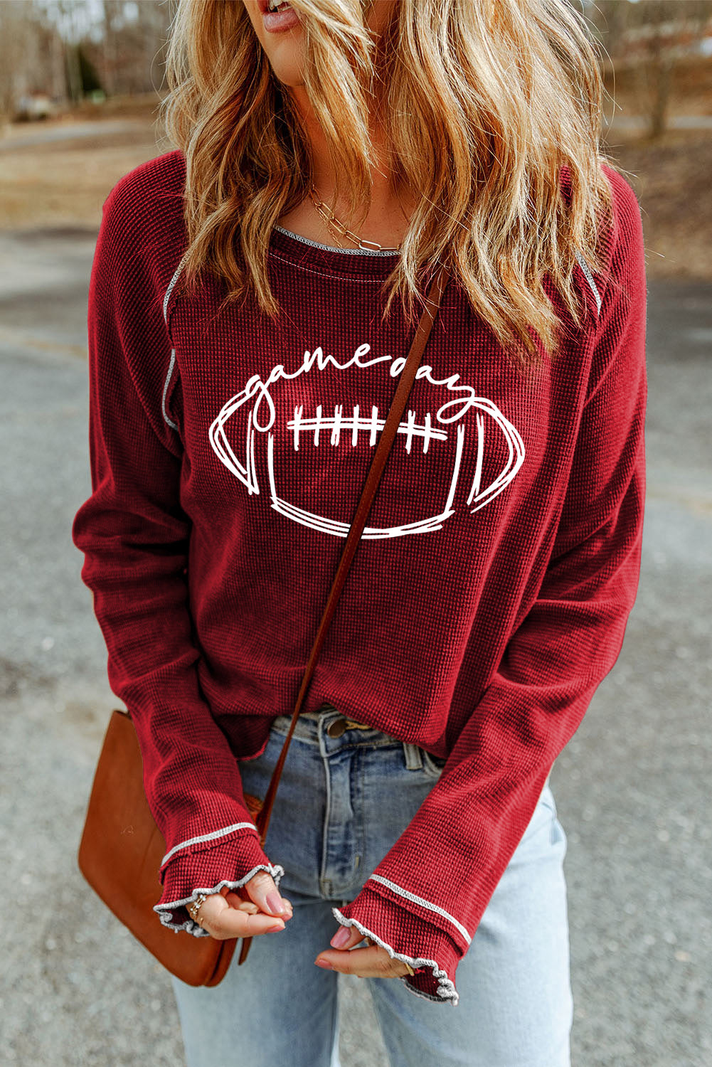 Red Game Day Rugby Football Graphic Thermal Knit Top