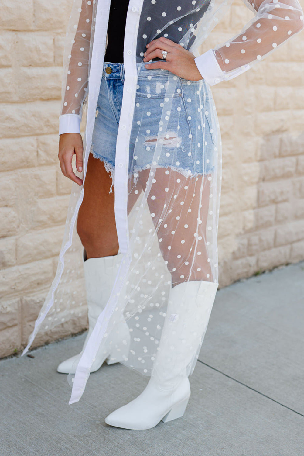 White Polka Dot Print Collared Buttoned Mesh Duster Kimono