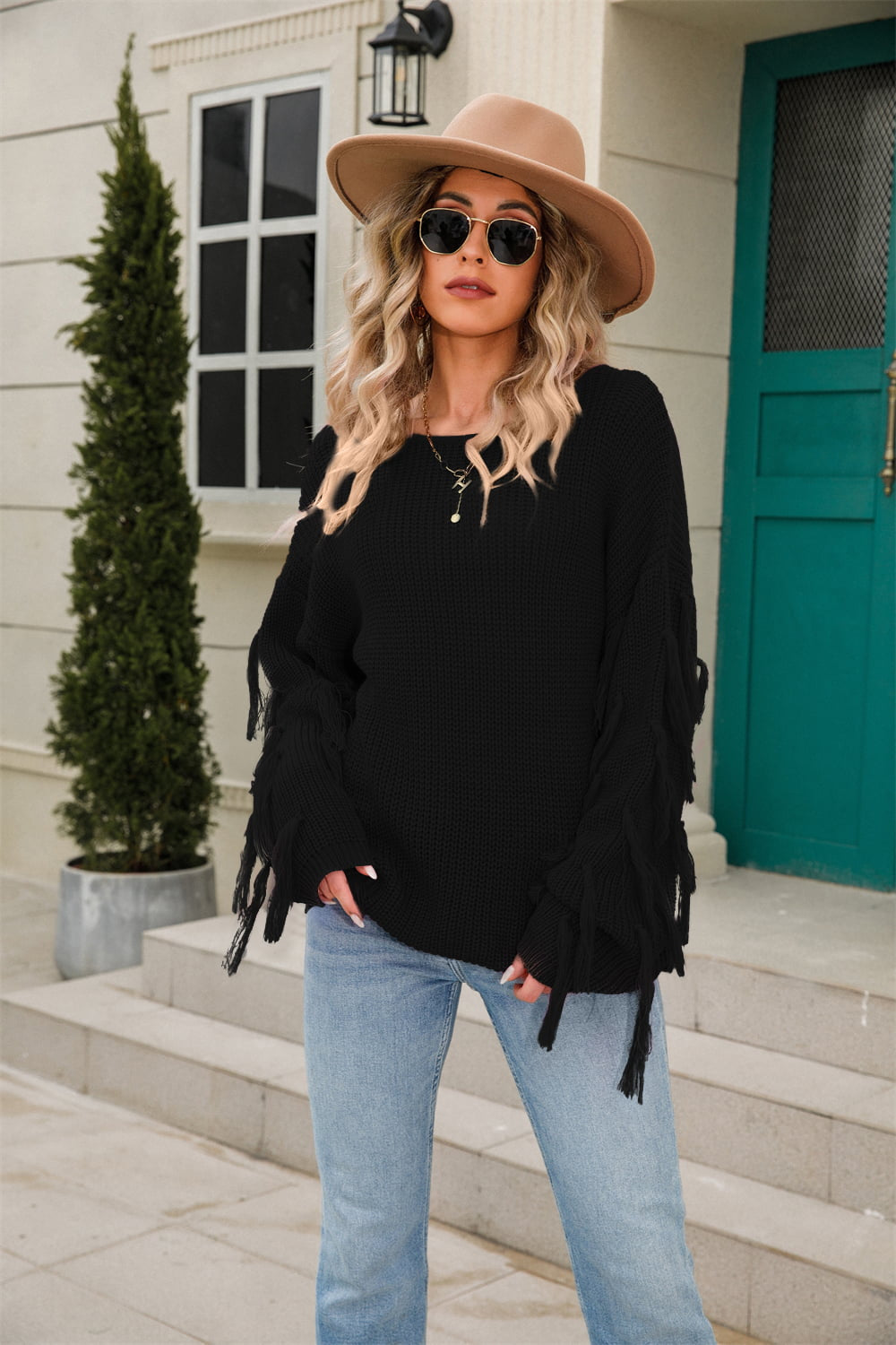 Angel Wings Ribbed Round Neck Fringe Detail Sweater