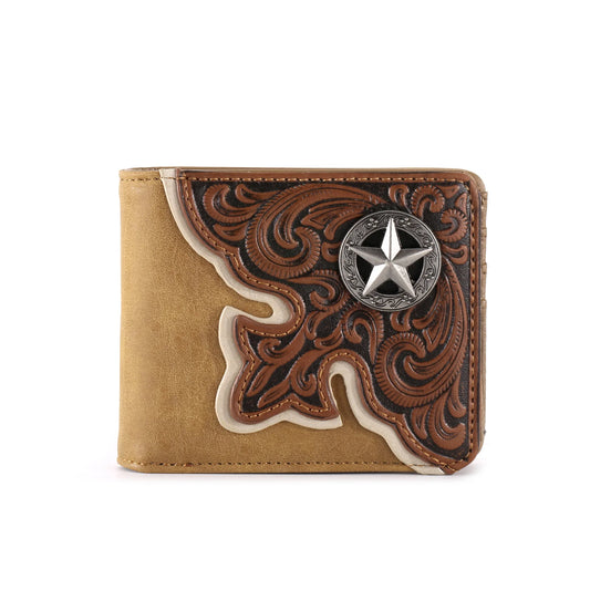 Embossed Vintage Floral Lone-Star Men's Bifold PU Leather Wallet