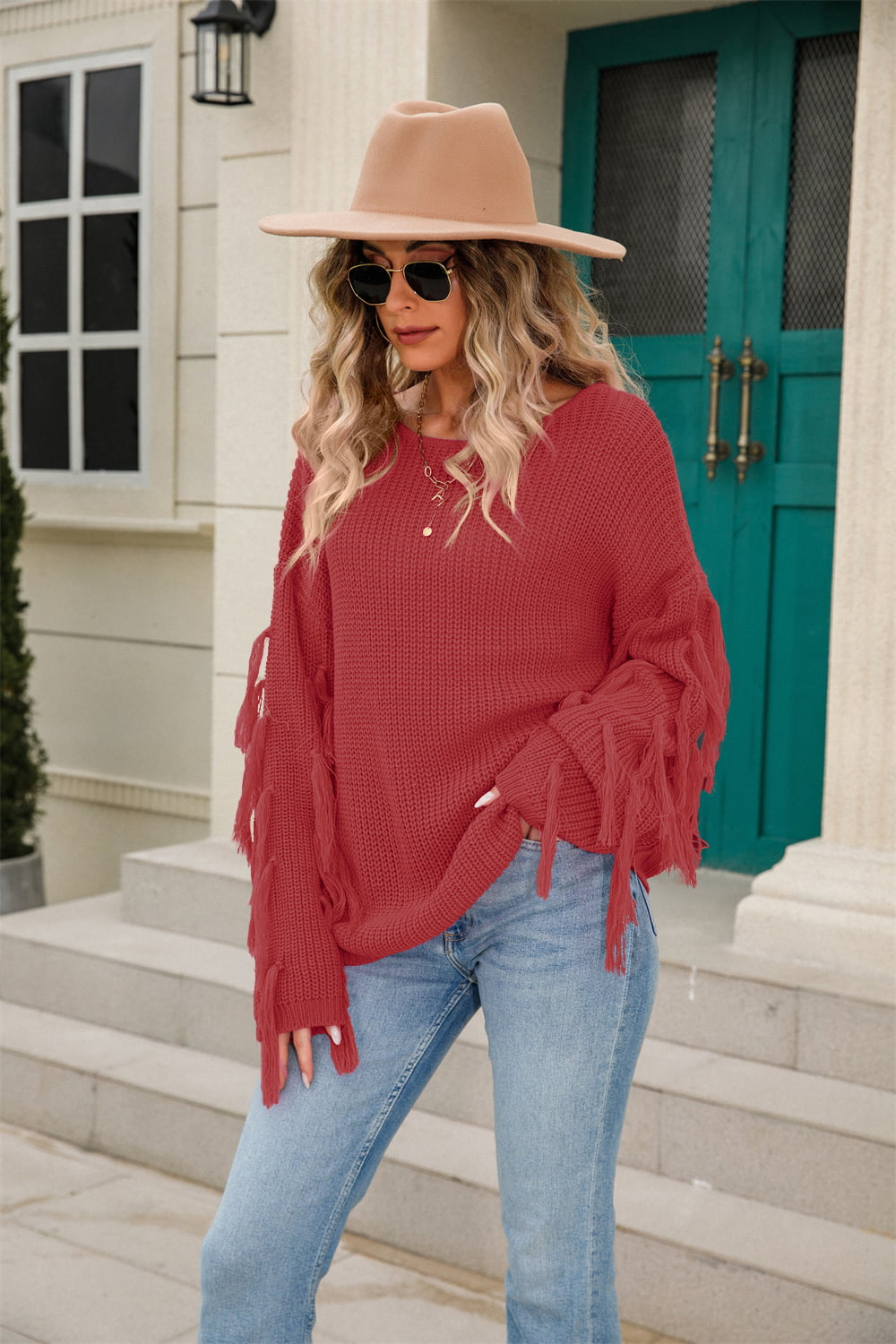 Angel Wings Ribbed Round Neck Fringe Detail Sweater