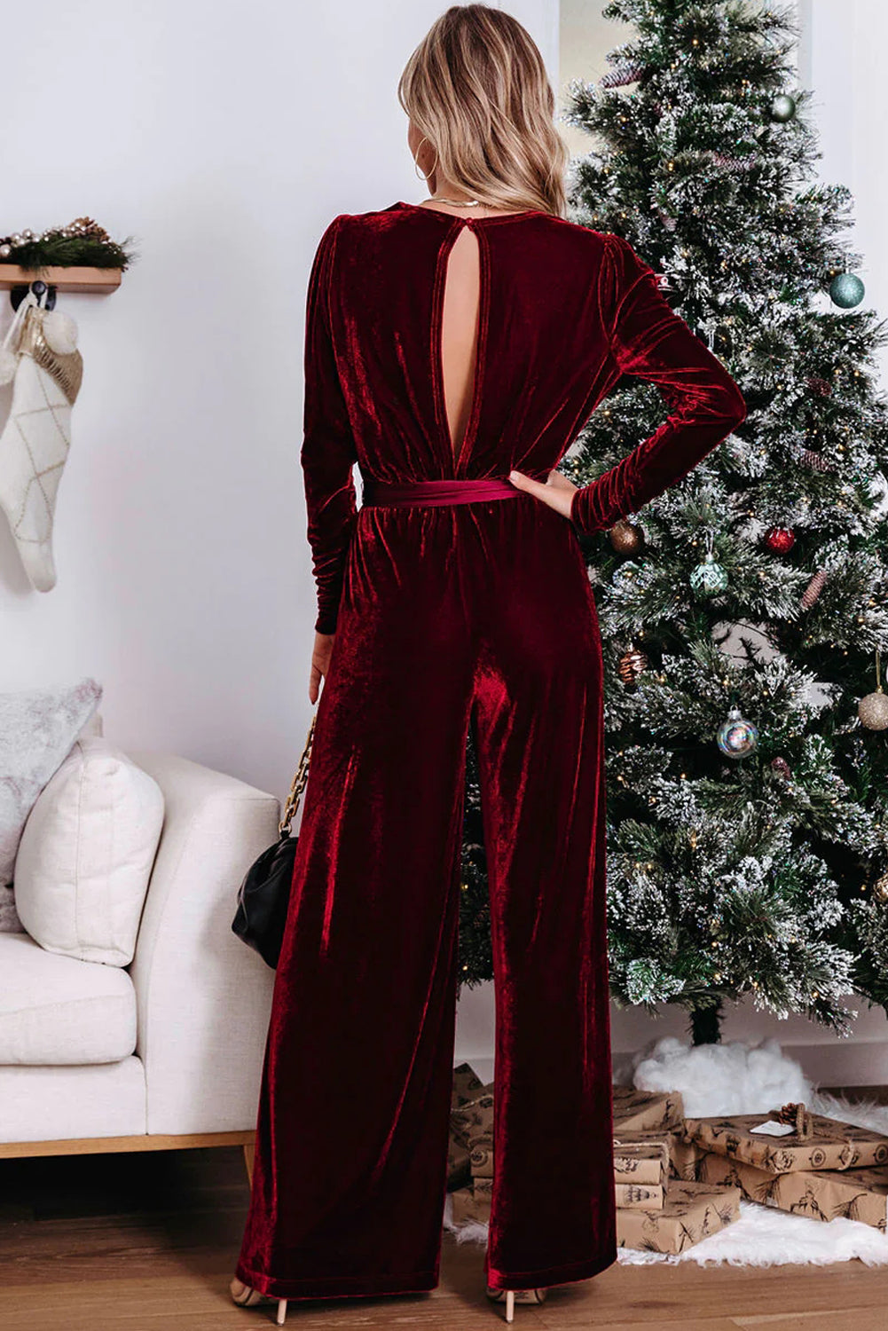 Fiery Red Velvet Pocketed Cut out Back Wide Leg Jumpsuit