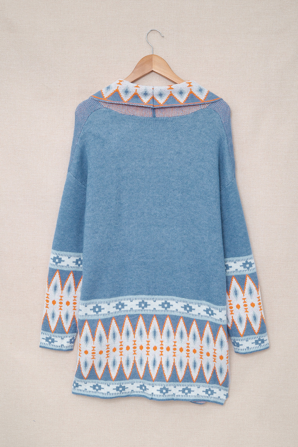 Blue Aztec Print Open Front Knitted Cardigan