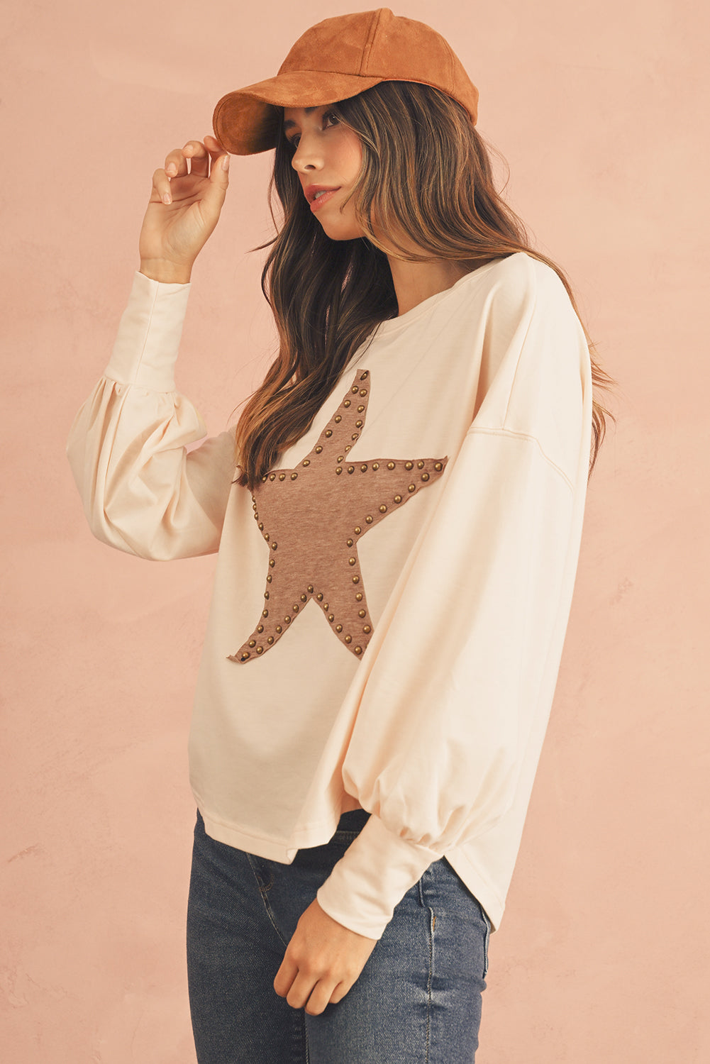 Apricot Studded Star Graphic Oversized Top