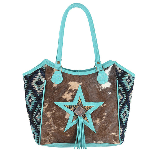 Turquoise hair on cowhide tote bag purse